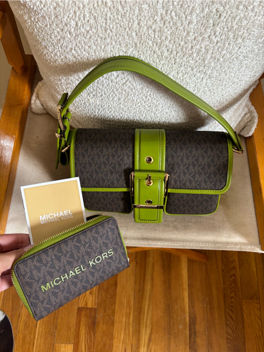 Michael Kors Brown Signature Mini Bag with Lime Green Trim & Matching Wallet